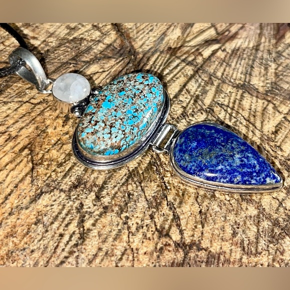 Crystal Pairing of Large Turquoise, Lapis Lazuli & Moonstone Pendant 3 1/4” - Picture 10 of 12